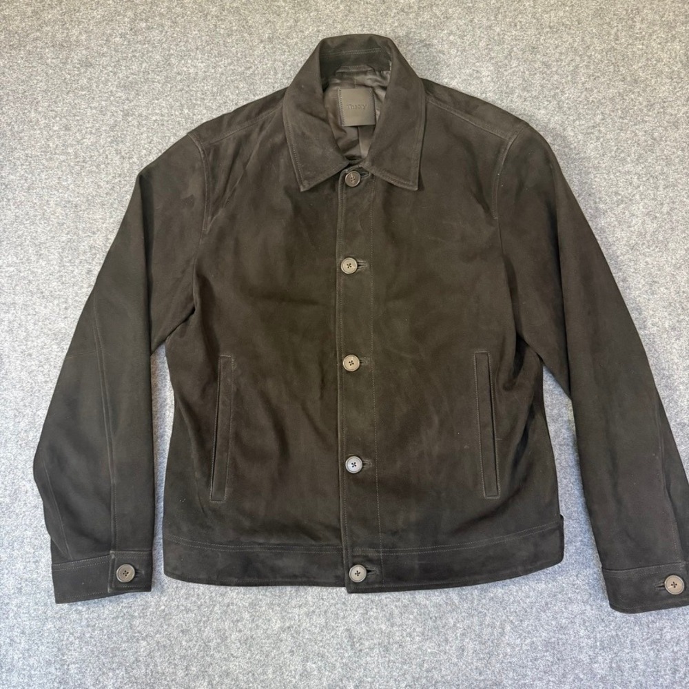 Theory Amos WP L Reece Hv Black Lamb Suede Leather Trucker Jacket Mens M NEW